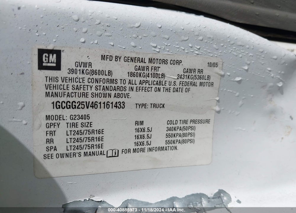 2006 CHEVROLET EXPRESS WORK VAN VIN: 1GCGG25V461161433