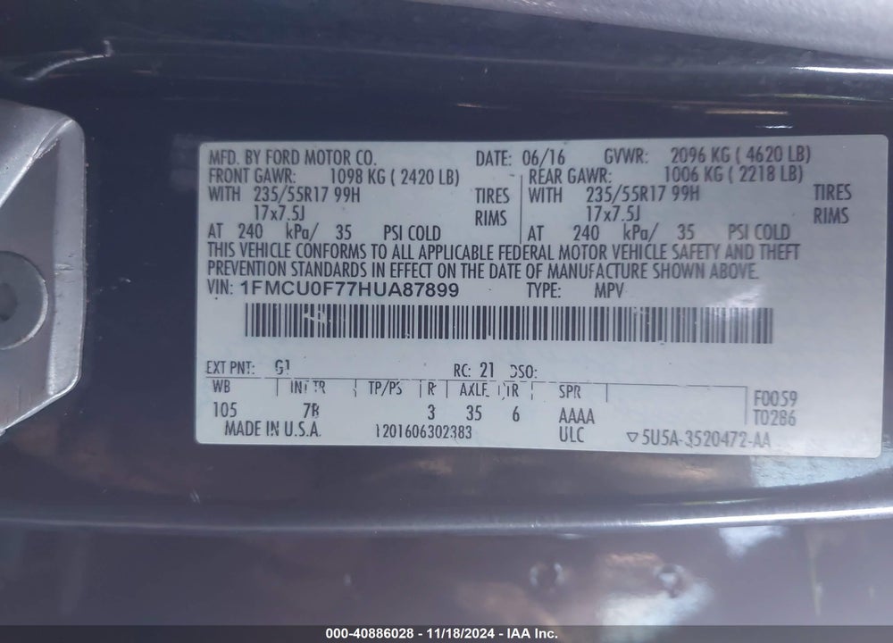 2017 FORD ESCAPE S VIN: 1FMCU0F77HUA87899