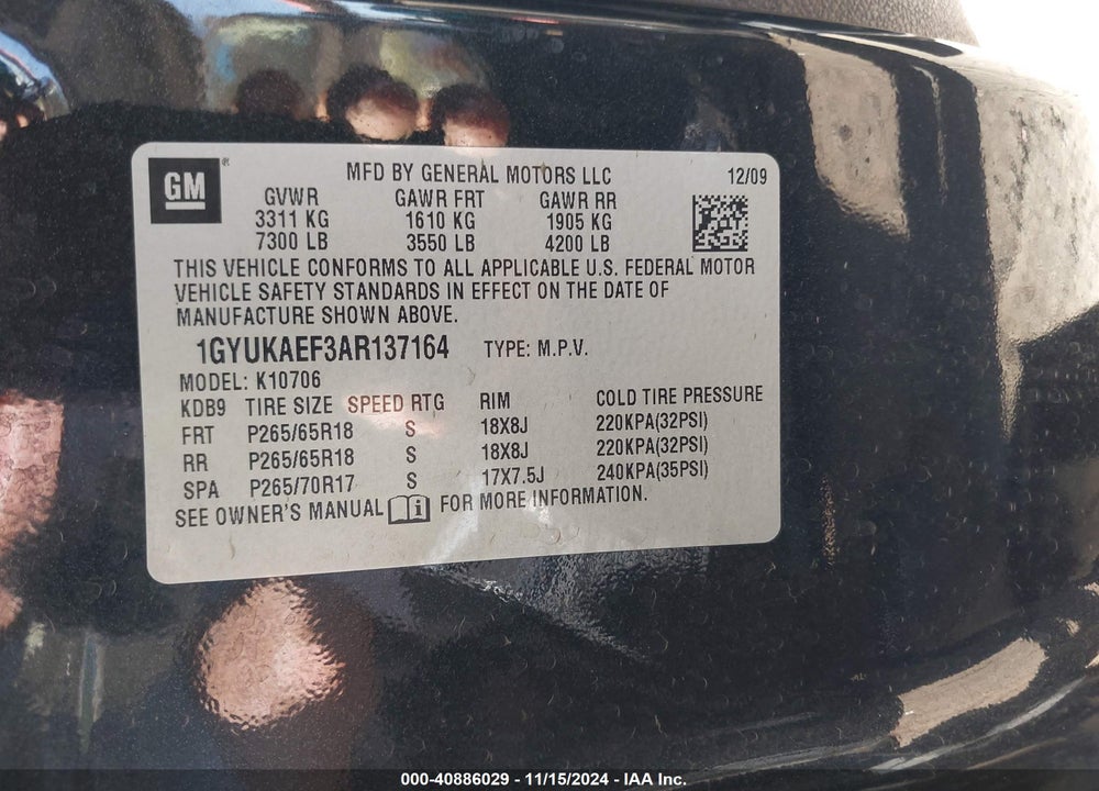 2010 CADILLAC ESCALADE STANDARD VIN: 1GYUKAEF3AR137164
