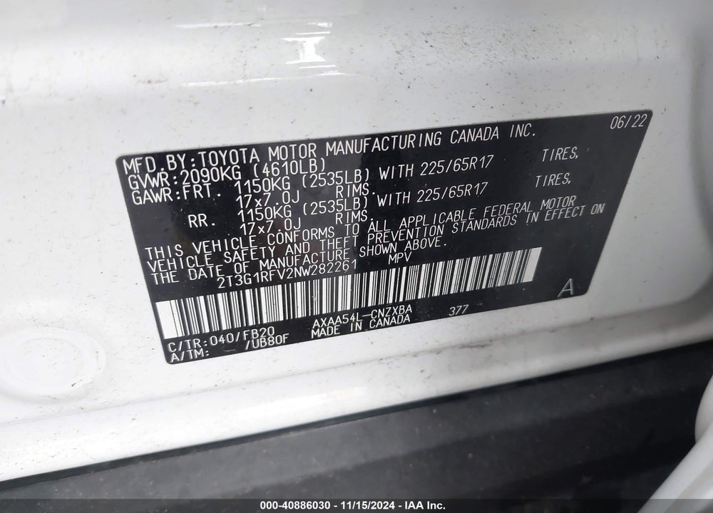 2022 TOYOTA RAV4 LE VIN: 2T3G1RFV2NW282261