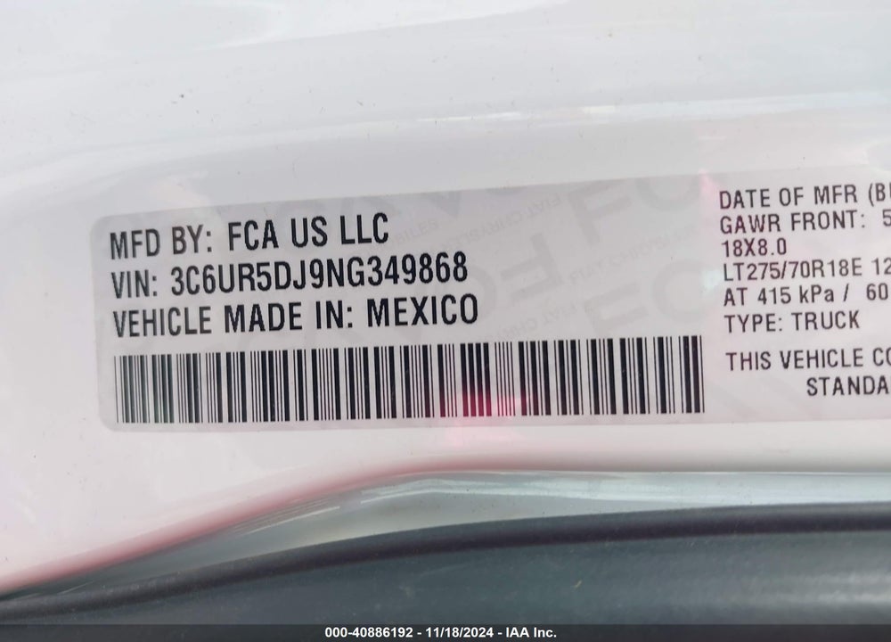2022 RAM 2500 BIG HORN 4X4 6'4 BOX VIN: 3C6UR5DJ9NG349868