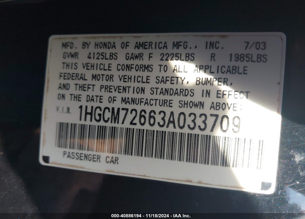 2003 HONDA ACCORD 2.4 EX VIN: 1HGCM72663A033709