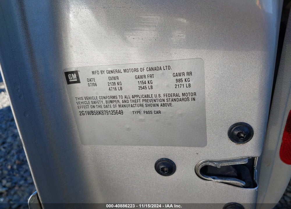 2007 CHEVROLET IMPALA LS VIN: 2G1WB58K879125649