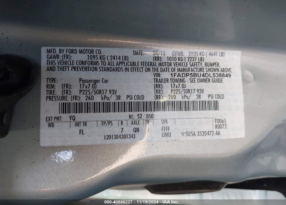 2013 FORD C-MAX HYBRID SEL VIN: 1FADP5BU4DL538849