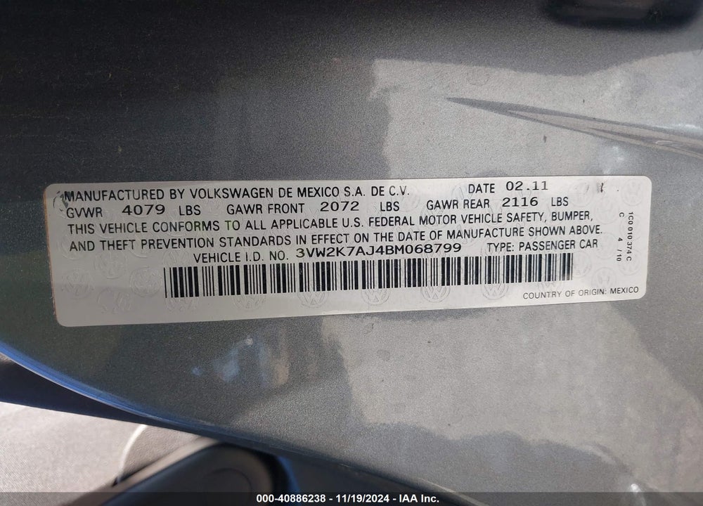2011 VOLKSWAGEN JETTA VIN: 3VW2K7AJ4BM068799