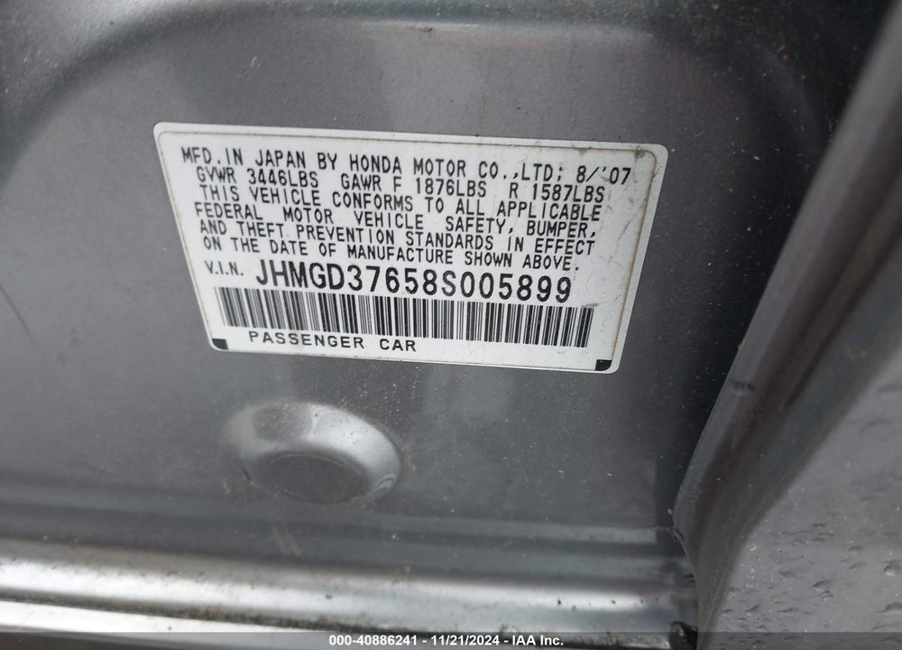 2008 HONDA FIT SPORT VIN: JHMGD37658S005899