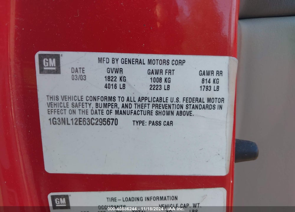 2003 OLDSMOBILE ALERO GL1/GL2 VIN: 1G3NL12E63C295670