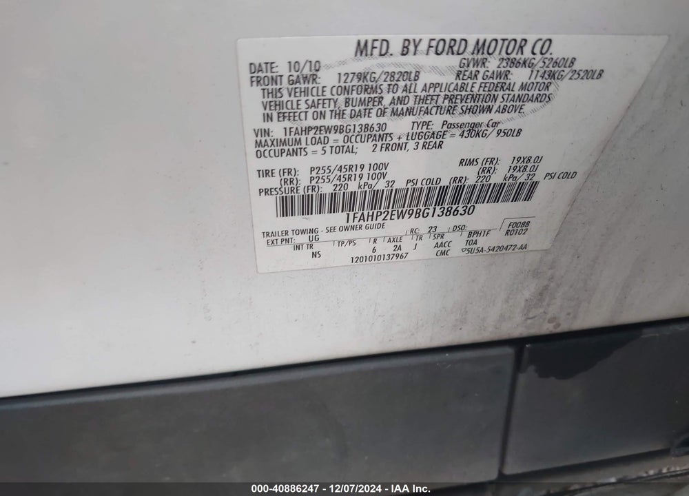 2011 FORD TAURUS SEL VIN: 1FAHP2EW9BG138630