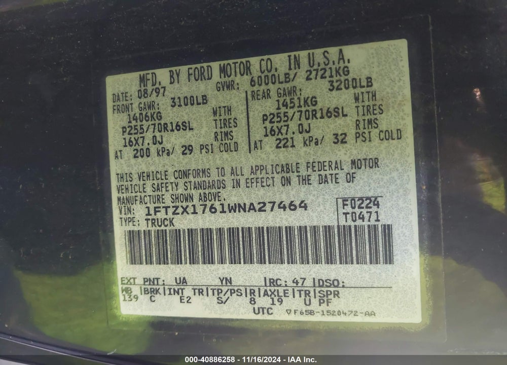 1998 FORD F-150 LARIAT/STANDARD/XL/XLT VIN: 1FTZX1761WNA27464