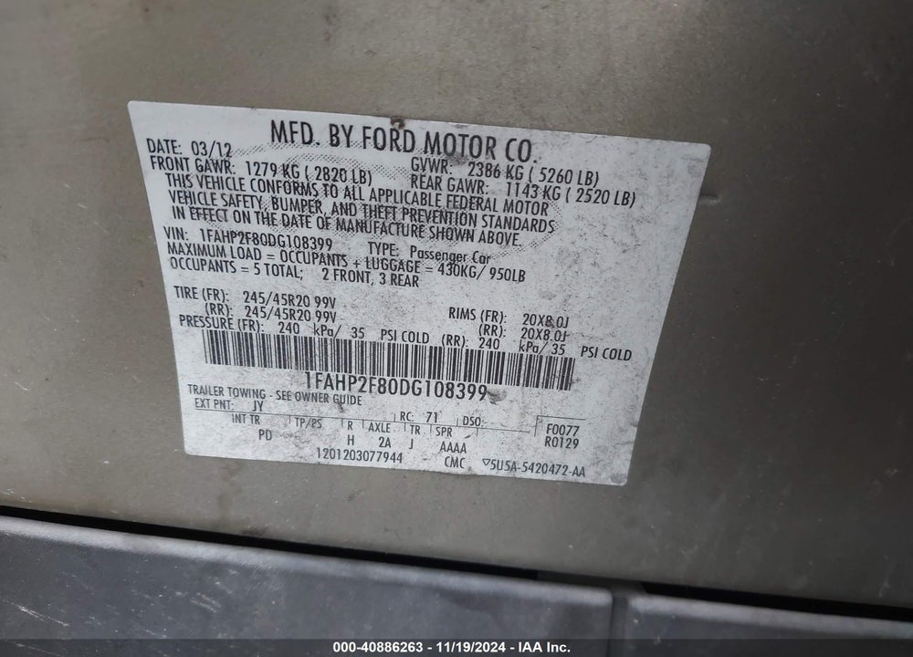 2013 FORD TAURUS LIMITED VIN: 1FAHP2F80DG108399