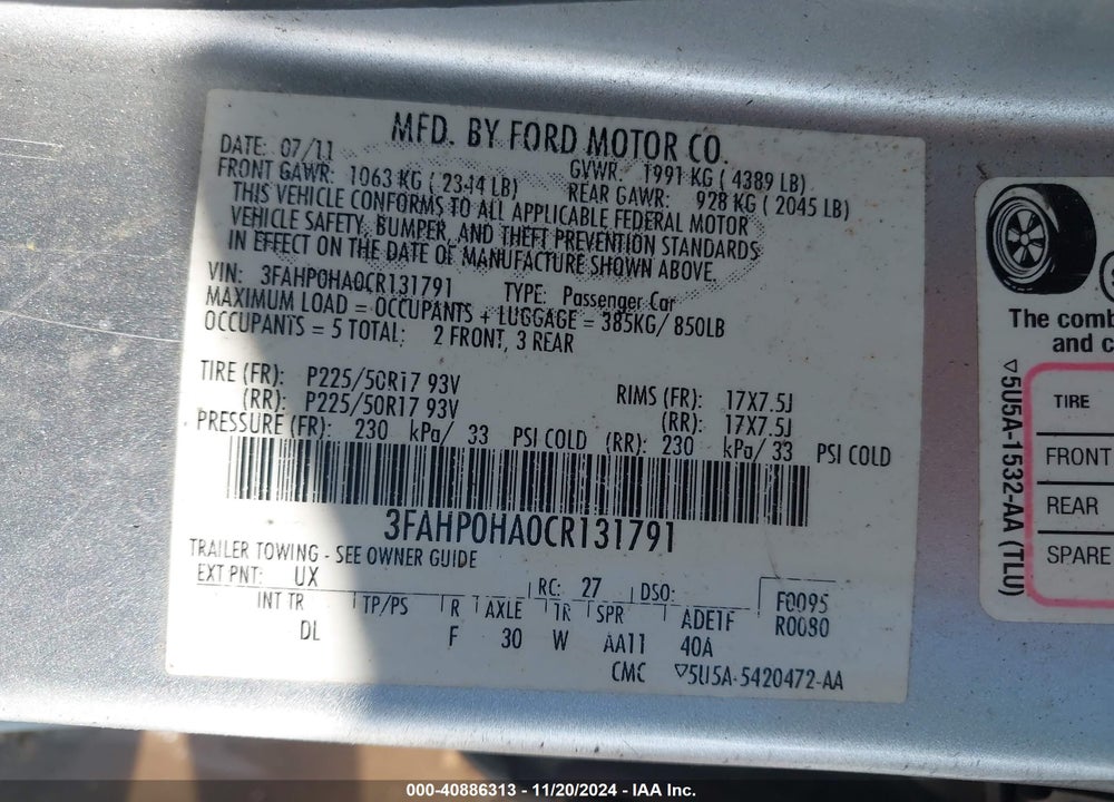 2012 FORD FUSION SE VIN: 3FAHP0HA0CR131791