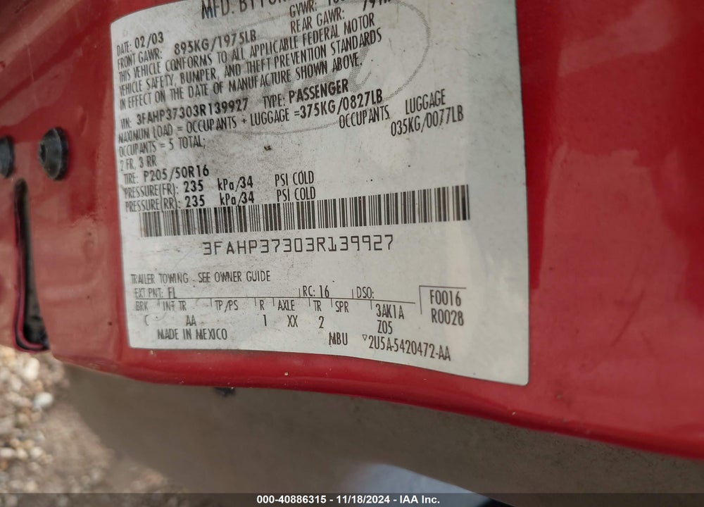 2003 FORD FOCUS ZX5 VIN: 3FAHP37303R139927