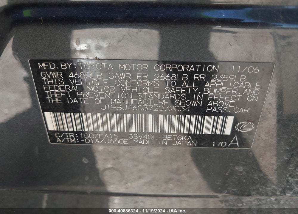2007 LEXUS ES 350 VIN: JTHBJ46G372072034