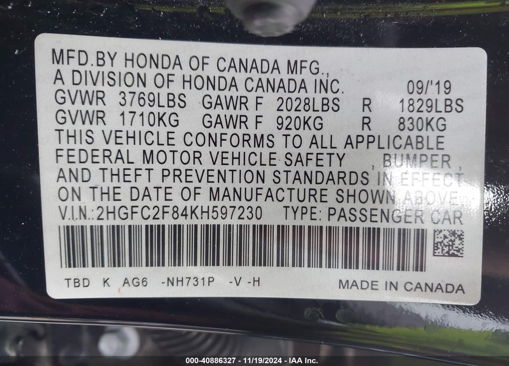 2019 HONDA CIVIC SPORT VIN: 2HGFC2F84KH597230
