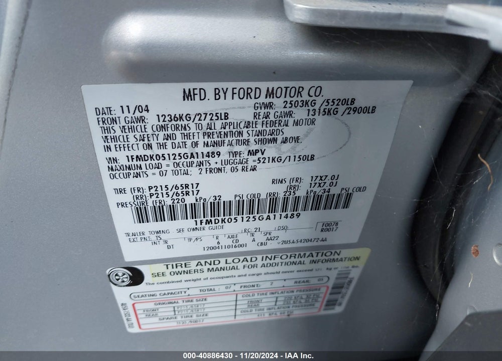 2005 FORD FREESTYLE SEL VIN: 1FMDK05125GA11489