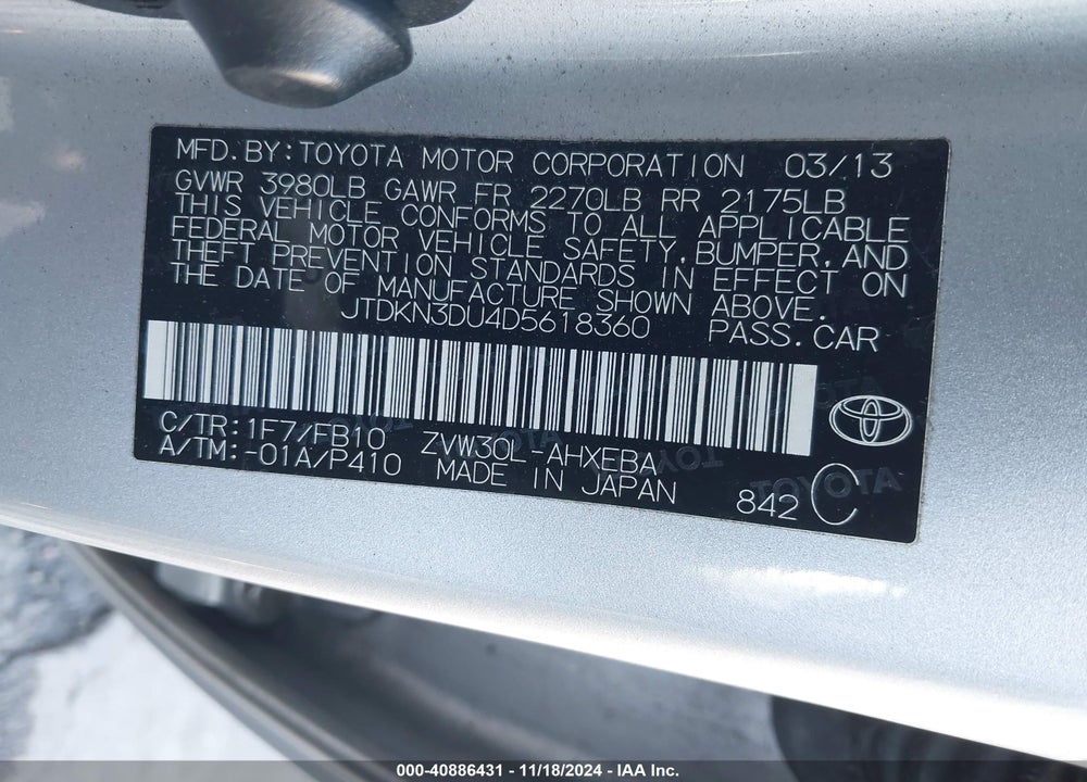 2013 TOYOTA PRIUS VIN: JTDKN3DU4D5618360
