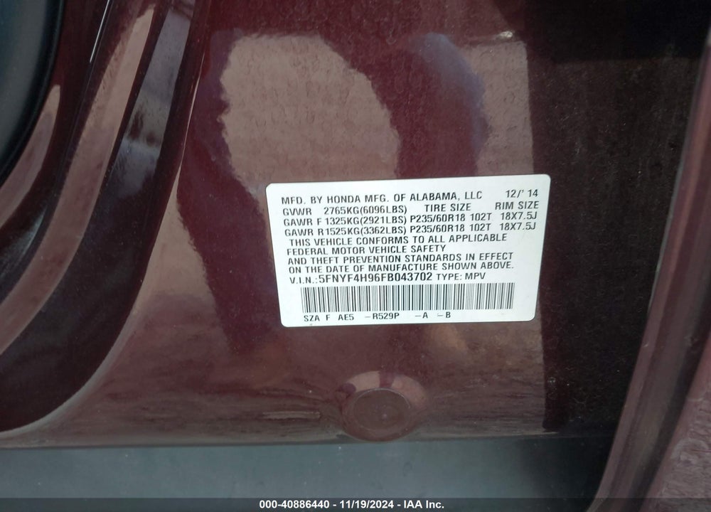 2015 HONDA PILOT TOURING VIN: 5FNYF4H96FB043702
