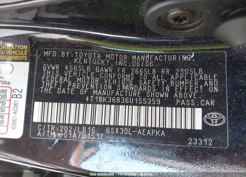 2006 TOYOTA AVALON LIMITED VIN: 4T1BK36B36U155359