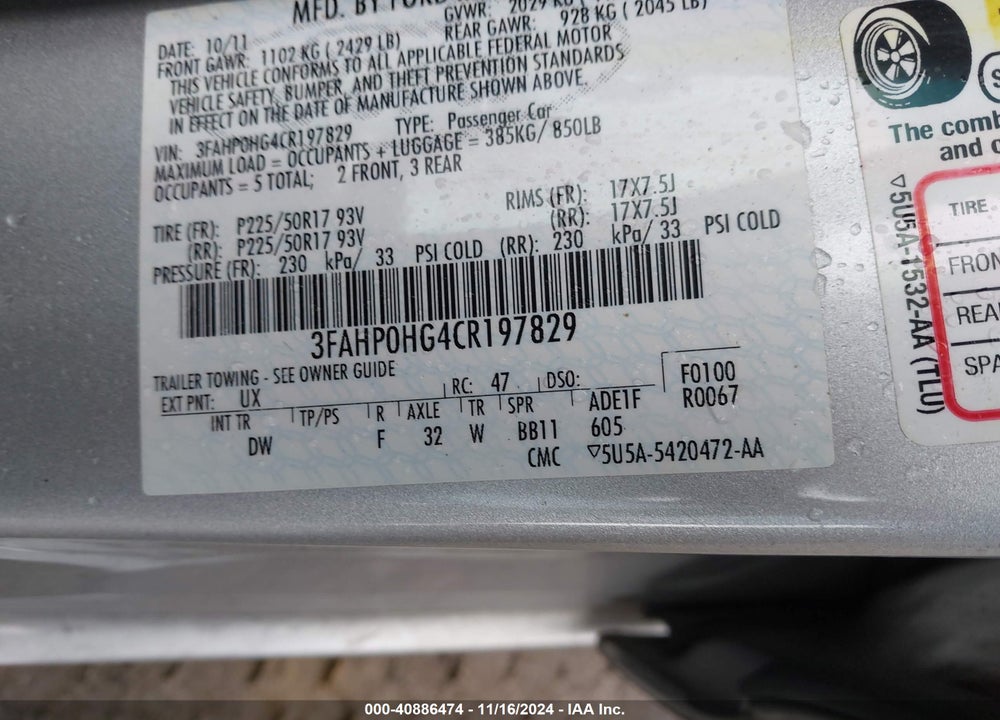 2012 FORD FUSION SE VIN: 3FAHP0HG4CR197829