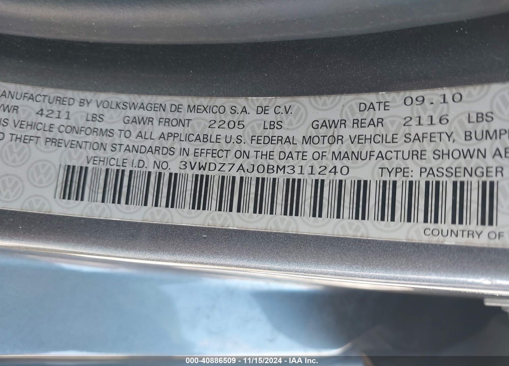 2011 VOLKSWAGEN JETTA VIN: 3VWDZ7AJ0BM311240