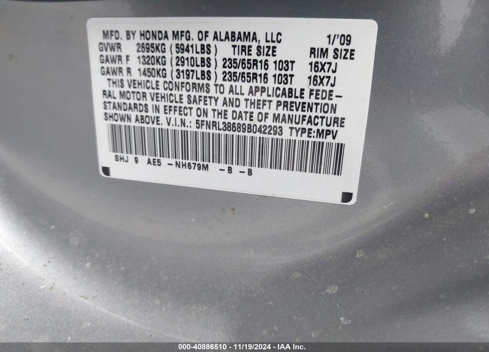 2009 HONDA ODYSSEY EX-L VIN: 5FNRL38689B042293