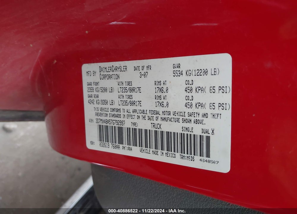 2007 DODGE RAM 3500 SLT/SPORT VIN: 3D7MX48A57G792997