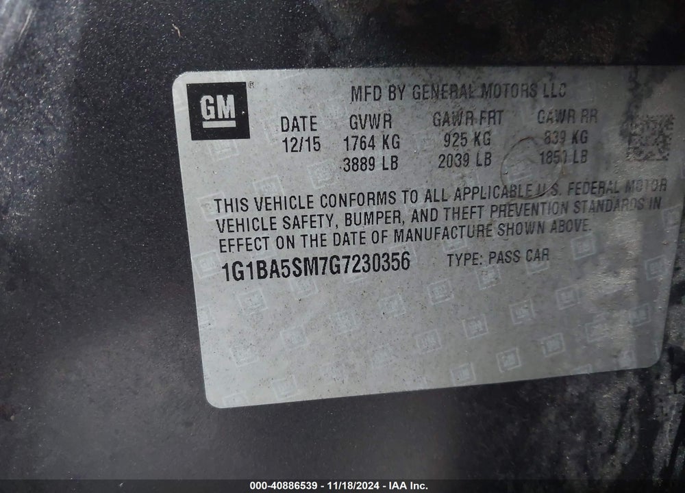 2016 CHEVROLET CRUZE L MANUAL VIN: 1G1BA5SM7G7230356