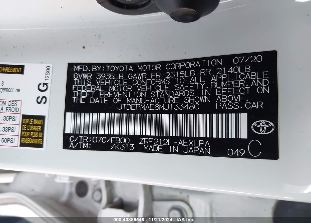 2021 TOYOTA COROLLA LE VIN: JTDEPMAE8MJ133480