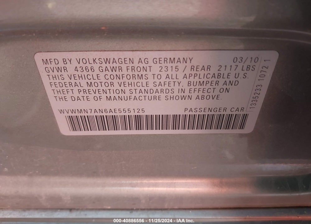2010 VOLKSWAGEN CC SPORT VIN: WVWMN7AN6AE555125