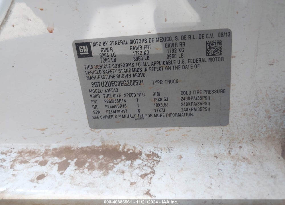 2014 GMC SIERRA 1500 SLE VIN: 3GTU2UEC0EG200501