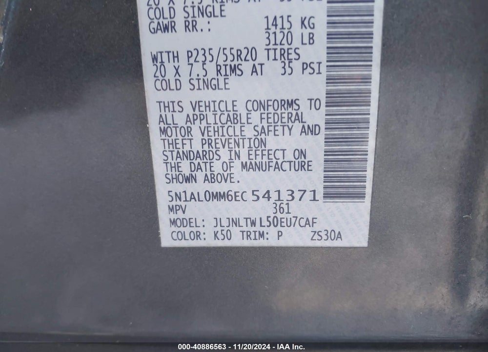 2014 INFINITI QX60 VIN: 5N1AL0MM6EC541371