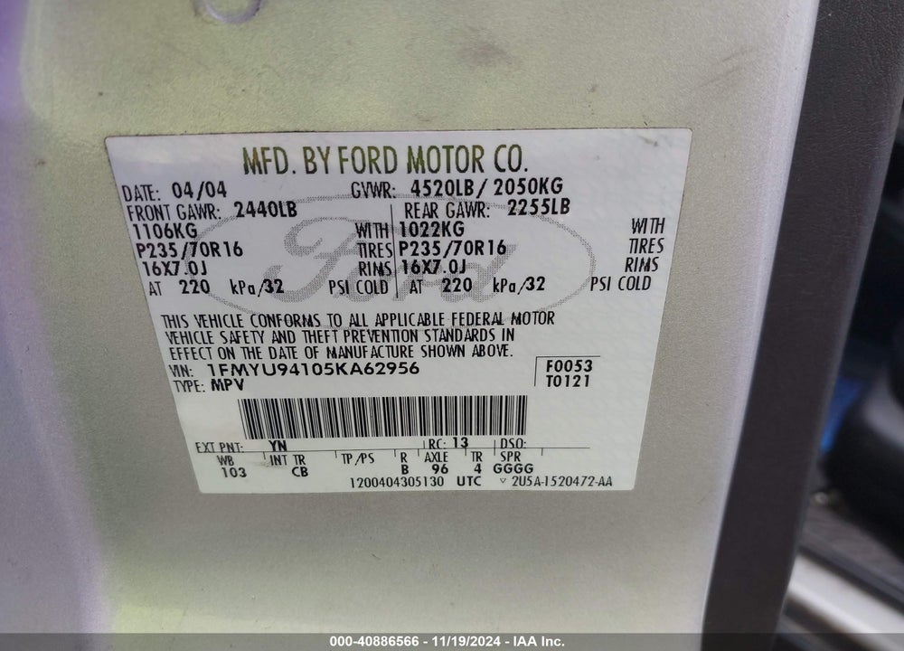 2005 FORD ESCAPE LIMITED VIN: 1FMYU94105KA62956