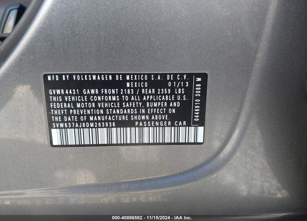 2013 VOLKSWAGEN JETTA HYBRID SEL VIN: 3VW637AJ8DM263936
