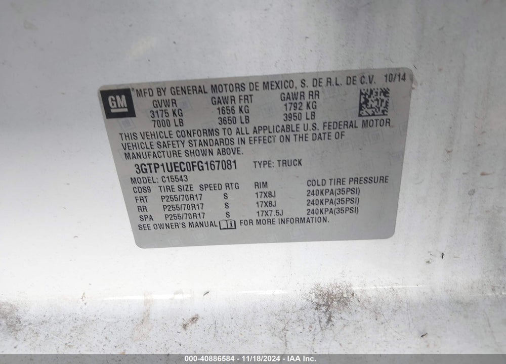 2015 SIERRA GMC  1500 SLE VIN: 3GTP1UEC0FG167081
