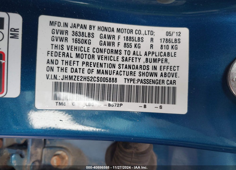 2012 HONDA INSIGHT LX VIN: JHMZE2H52CS005888