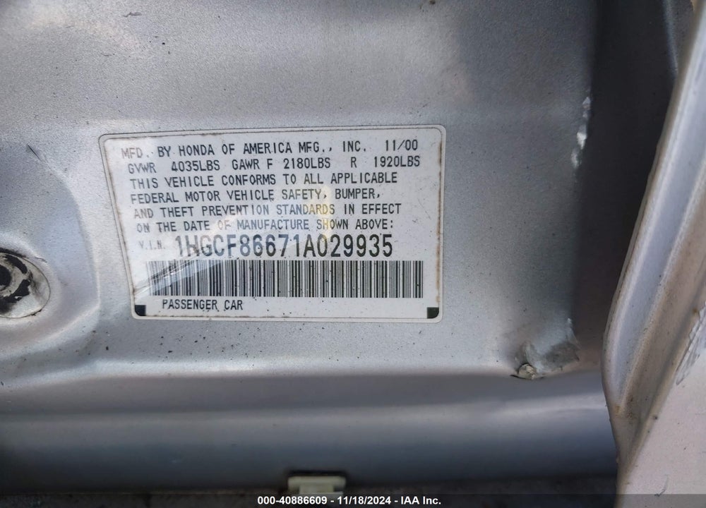 2001 HONDA ACCORD VALUE PACKAGE VIN: 1HGCF86671A029935