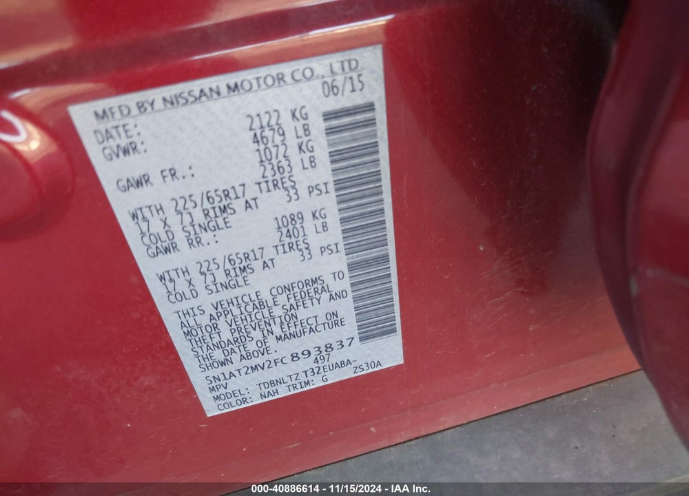 2015 NISSAN ROGUE SV VIN: 5N1AT2MV2FC893837