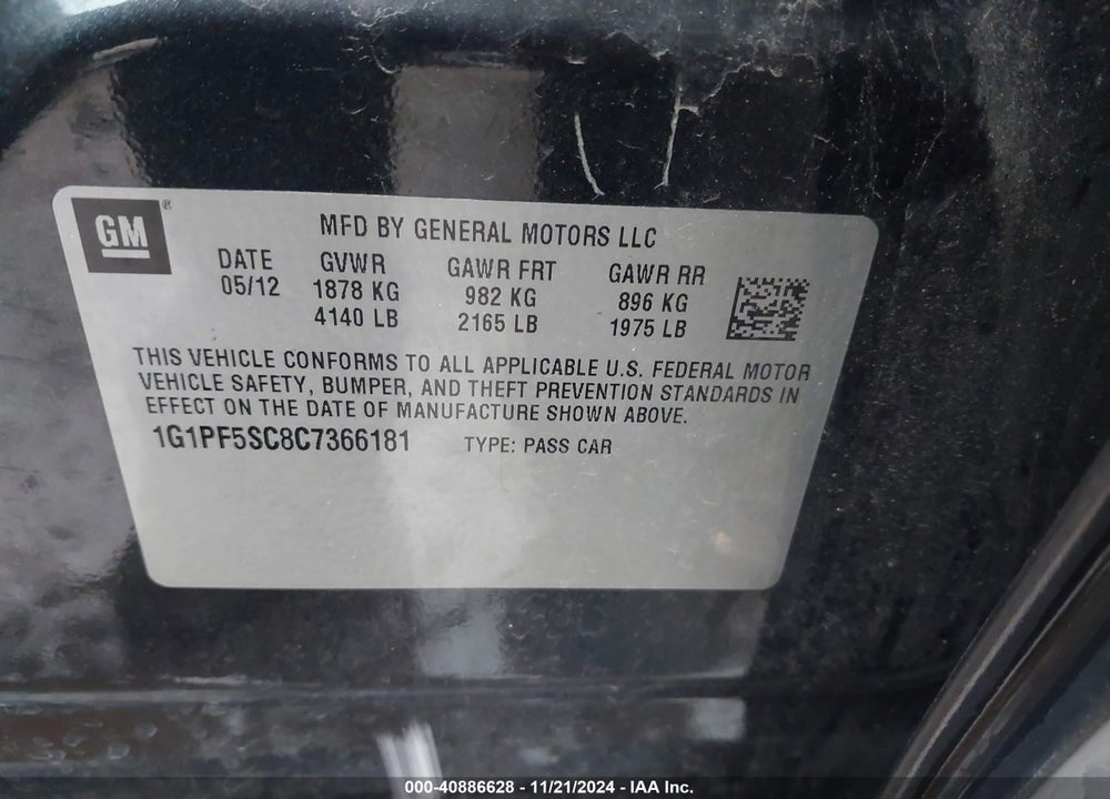 2012 CHEVROLET CRUZE 1LT VIN: 1G1PF5SC8C7366181