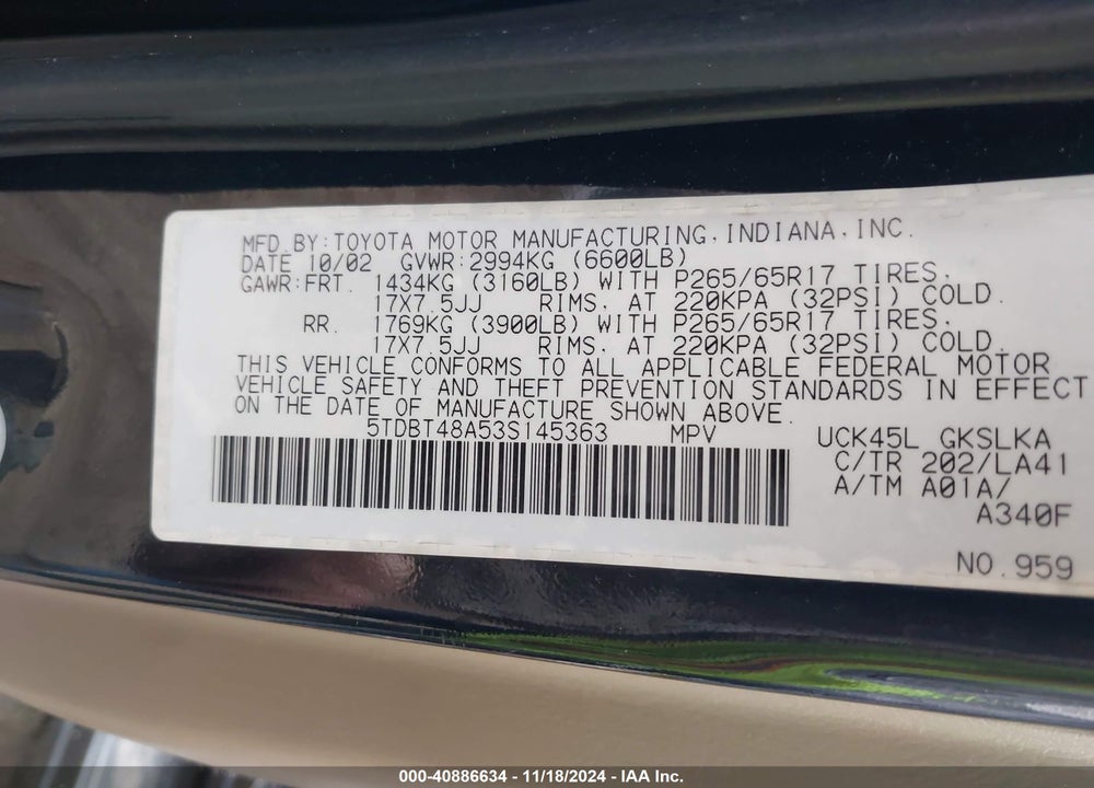 2003 TOYOTA SEQUOIA LIMITED V8 VIN: 5TDBT48A53S145363