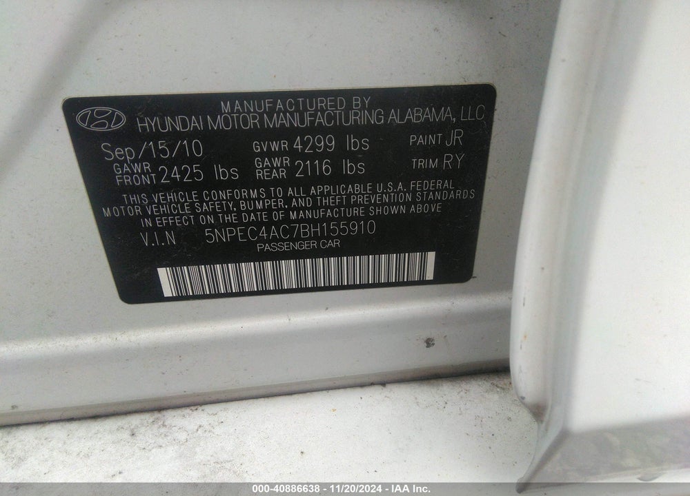 2011 HYUNDAI SONATA VIN: 5NPEC4AC7BH155910