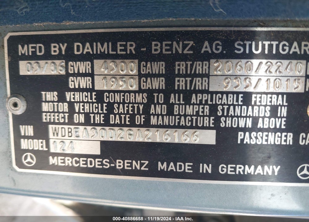 1986 MERCEDES-BENZ 300 E VIN: WDBEA30D2GA216166