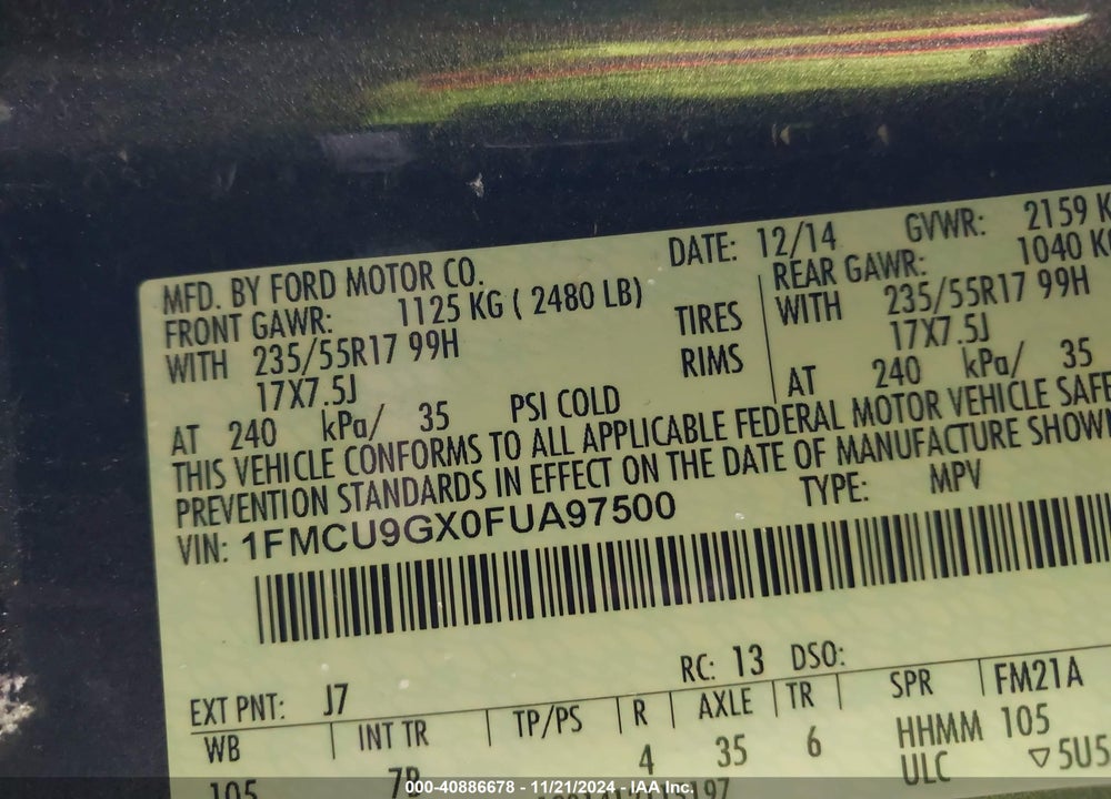 2015 FORD ESCAPE SE VIN: 1FMCU9GX0FUA97500