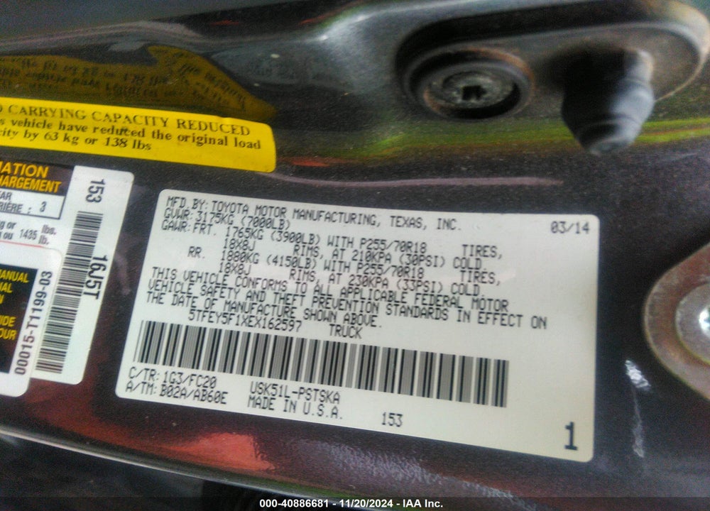 2014 TOYOTA TUNDRA SR5 5.7L V8 VIN: 5TFEY5F1XEX162597