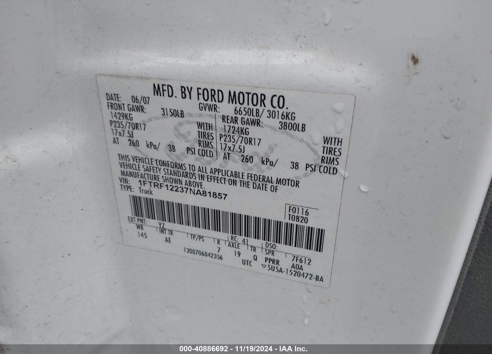 2007 FORD F-150 STX/XL/XLT VIN: 1FTRF12237NA81857