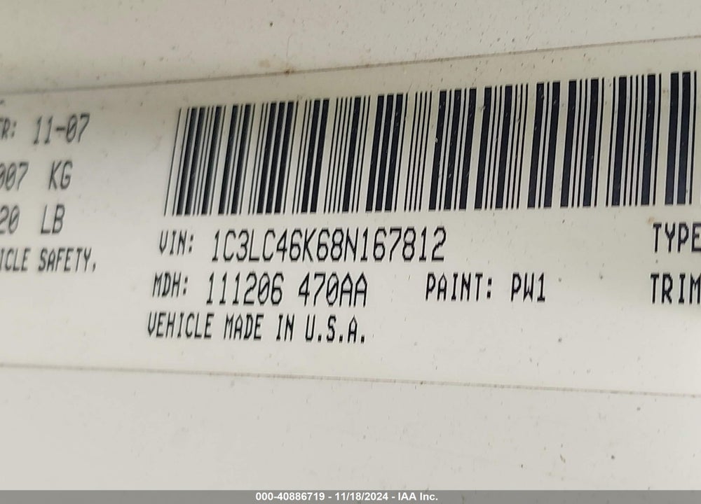2008 CHRYSLER SEBRING VIN: 1C3LC46K68N167812