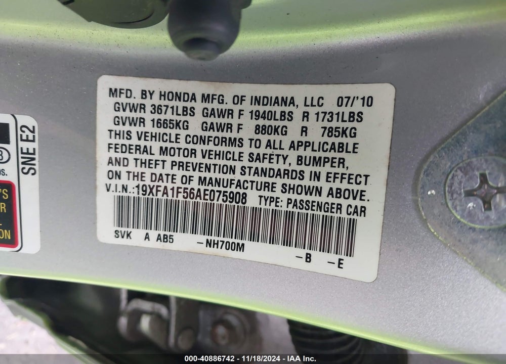 2010 HONDA CIVIC LX VIN: 19XFA1F56AE075908