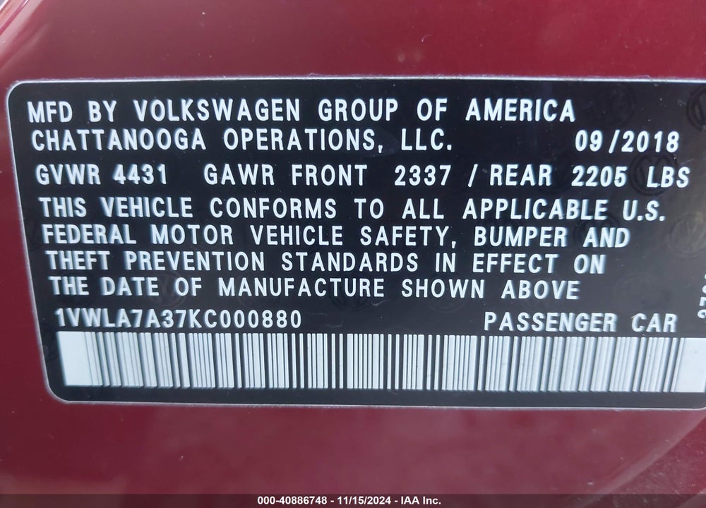 2019 VOLKSWAGEN PASSAT 2.0T WOLFSBURG EDITION VIN: 1VWLA7A37KC000880