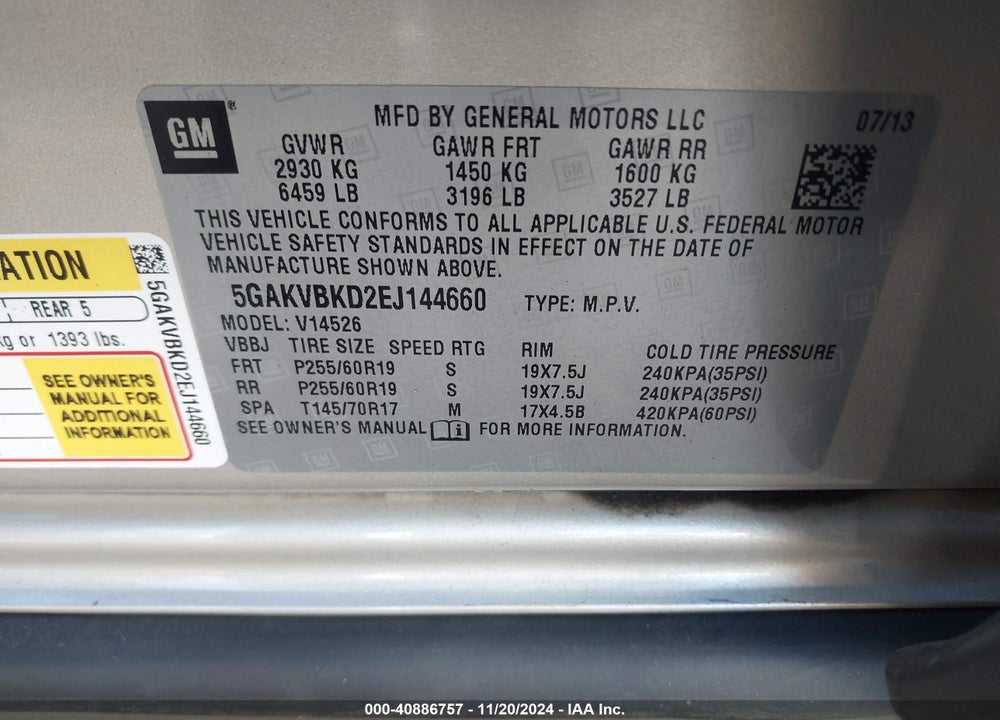 2014 BUICK ENCLAVE LEATHER VIN: 5GAKVBKD2EJ144660