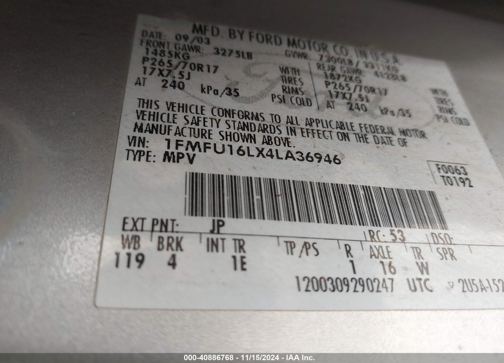 2004 FORD EXPEDITION NBX/XLT VIN: 1FMFU16LX4LA36946