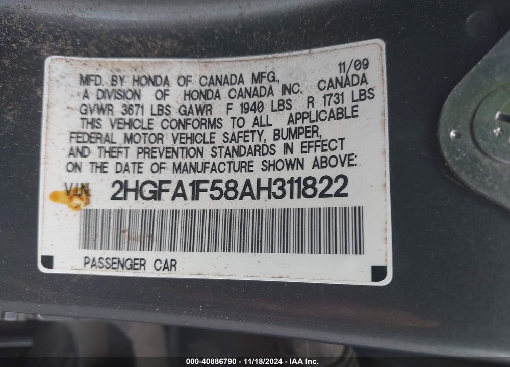 2010 HONDA CIVIC LX VIN: 2HGFA1F58AH311822